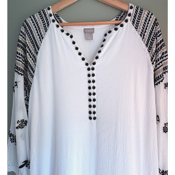 CHICOS Embroidered Shift Dress White Black Gauze Cotton Size 2 (12) Boho Cottage - Picture 3 of 11